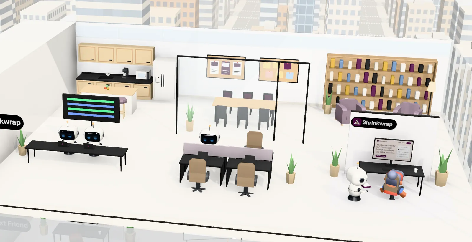Shrinkwrap’s office on floor 19 of Tower 1: the owner’s desk with the website on screen, the agents’ bench, a meeting room and a library
